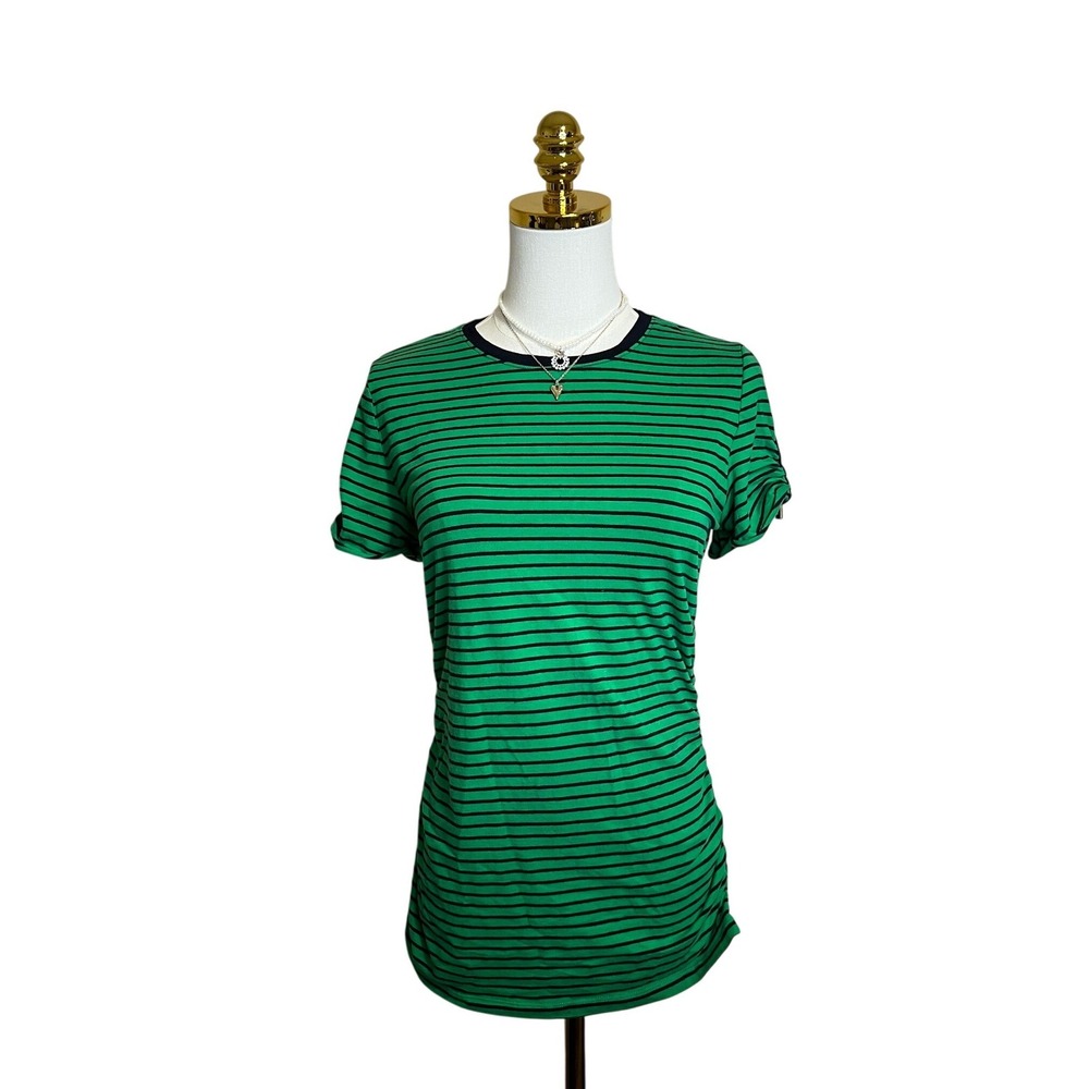 Michael Kors Womens Green Black Striped Ruched Zipper Sleeve T-Shirt Size S
